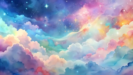 A background of pastel rainbow unicorns with glittering stars. A dreamy, pink, fuzzy sky. charming region with holography. A backdrop with fairy iridescent gradients Background