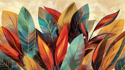 A painting of colorful leaves on a beige background, an art deco painting