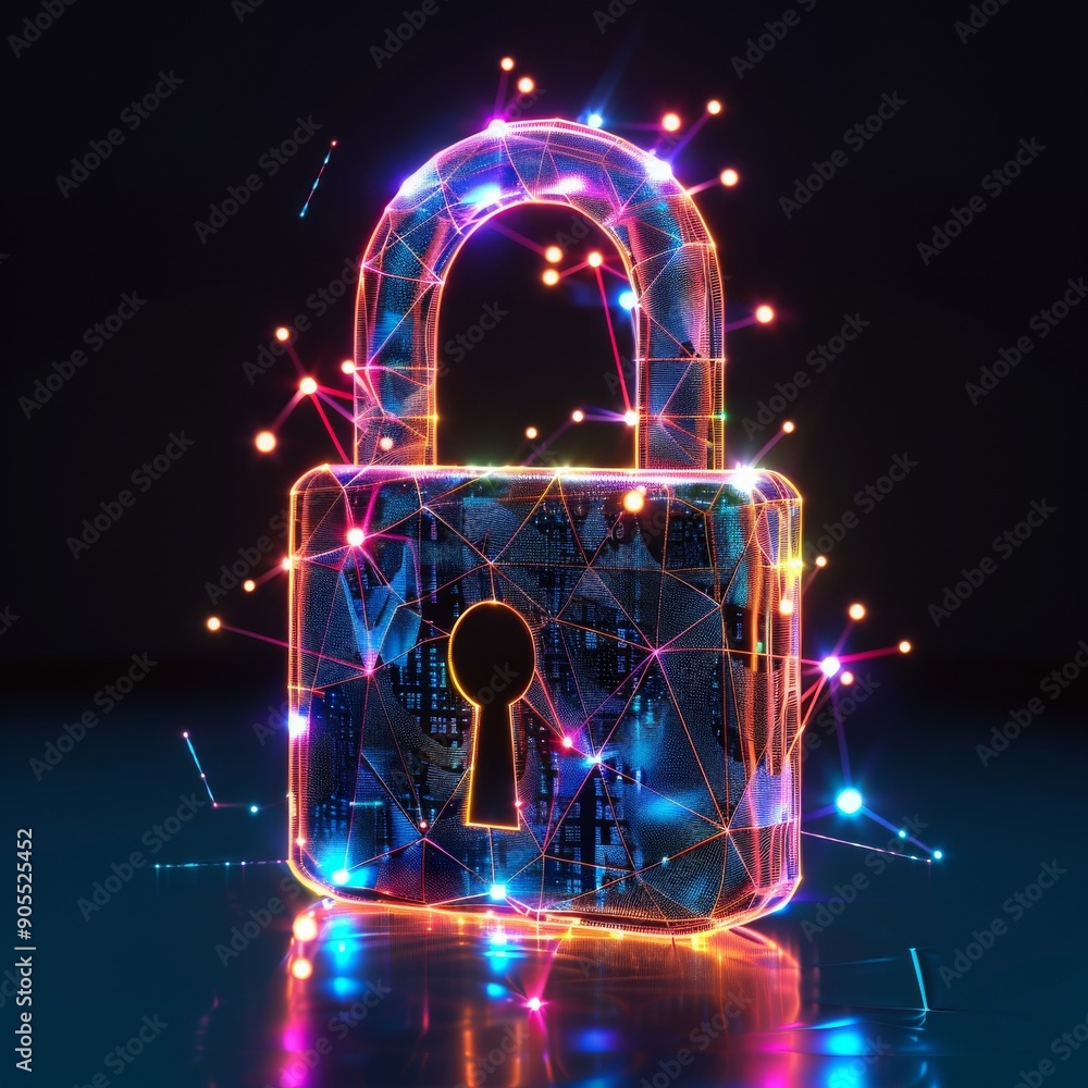 Poster a glowing, digital padlock with a connected network of lines and dots, symbolizing online security.