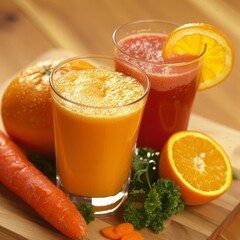 A glass of orange juice and a glass of carrot juice with fruit and vegetable ingredients.