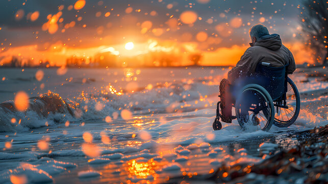 Elderly man in wheelchair watching a stunning beach sunset, copy space