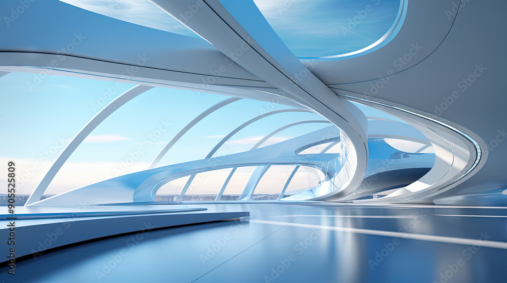 Poster Abstract architecture scene with smooth curves. Abstract background with futuristic building in white and blue colors.