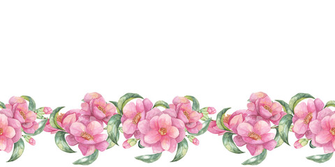 Pink camellia flowers with green leaves in a seamless border. Camellia japonica watercolor clipart. This delicate floral design is ideal for invitations, greeting cards, or stationery borders.