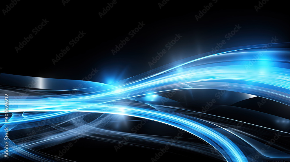 Poster abstract blue neon light trails and digital waves on dark background for tech and business design th