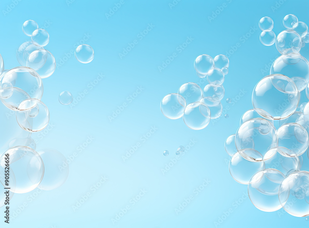 Poster Soaring bubbles on blue background. Abstract soap bubbles floating background