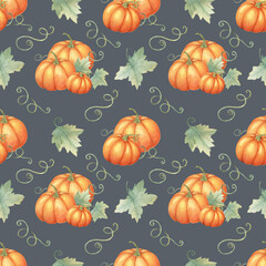Watercolor seamless pattern featuring orange pumpkins and green leaves. Hand drawn backdrop clipart for autumn event invitations, home textiles, wrapping paper, and eco-friendly packaging designs.