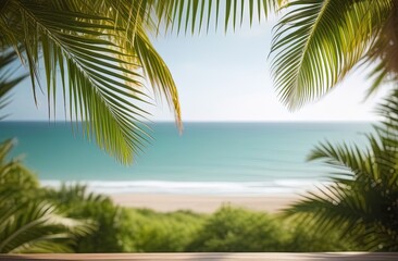 Fototapeta premium Palm and tropical beach. background with sea and palm leaves