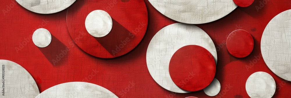 Poster a contemporary modern abstract design consisting of intricately layered red and white circles that f