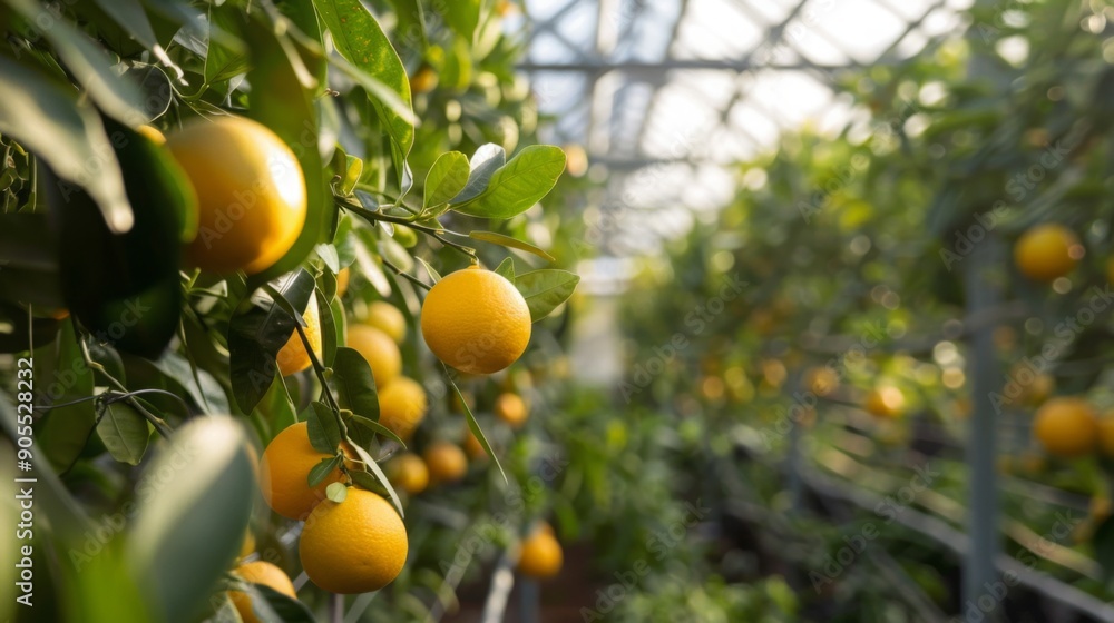 Poster lush citrus trees are heavy with ripe oranges, basking in the warm glow of late afternoon sunlight w