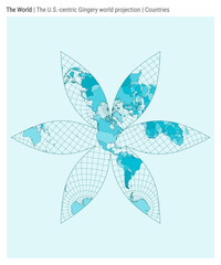 The U.S.-centric Gingery world projection. High detail world map for infographics, education, reports, and presentations. Vector illustration.