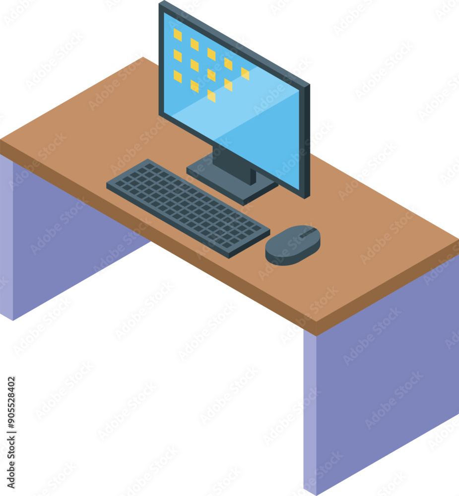 Poster illustration featuring a desktop computer setup, complete with a monitor, keyboard, and mouse, arran