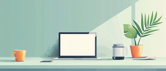 Obraz premium Modern Minimalist Workspace with Laptop Showing Liability Contract, Coffee Cup, and Potted Plant