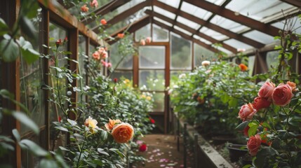 A cozy greenhouse filled with blooming roses in various colors, sunlight streaming through the glass panels, creating a warm and inviting atmosphere.