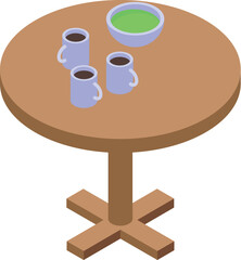 Round table with coffee cups and a bowl is waiting for a group of friends sharing a moment together