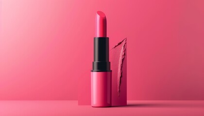 A pink lipstick tube with a black cap stands upright on a pink background, with a smear of pink lipstick beside it.