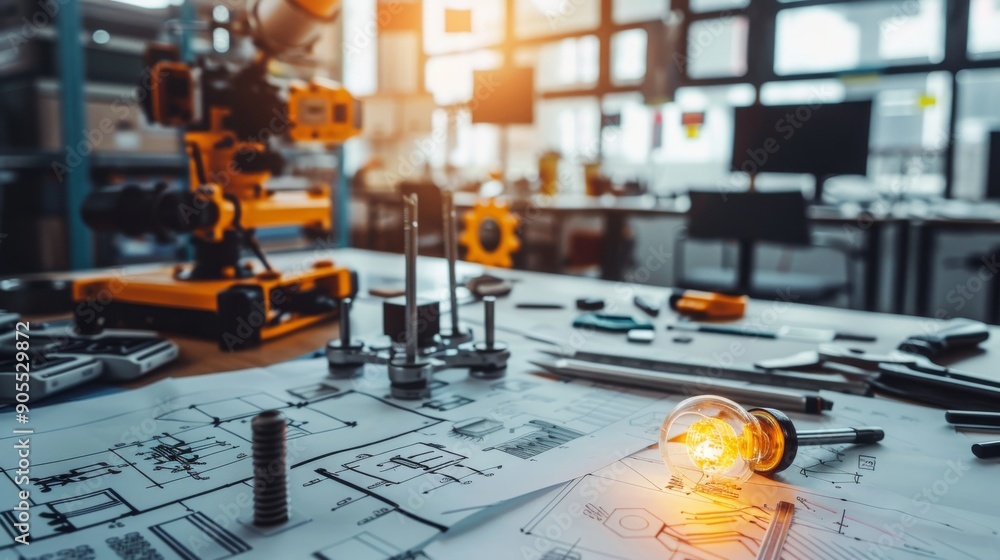 Poster a robotic arm, tools, and blueprints on a table in a workshop, with a light bulb illuminating the sc