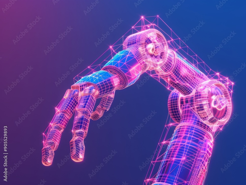 Aufkleber a robotic arm made of glowing lines and points, set against a colorful background