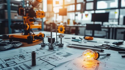 A robotic arm, tools, and blueprints on a table in a workshop, with a light bulb illuminating the scene.