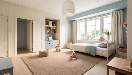 A minimalist kids playroom with simple clean design and neutral color palette. bedroom. luxury bedroom