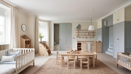 A minimalist kids playroom with simple clean design and neutral color palette. bedroom. luxury bedroom