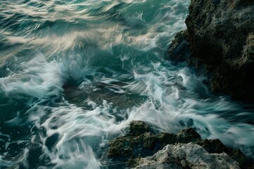 Fototapeta premium Dynamic ocean waves crashing against rugged rocks.