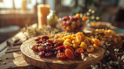 A rustic wooden table with a selection of dried fruit, including cranberries, apricots, and raisins