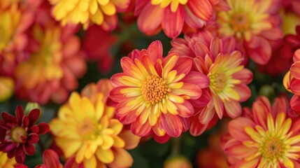 Close up photo of red and yellow mums