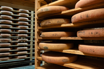 Aging rooms with shelves in cheese caves, central location for aging of wheels, rounds of Comte cheese from four months to several years made from unpasteurised cow milk, Jura, France
