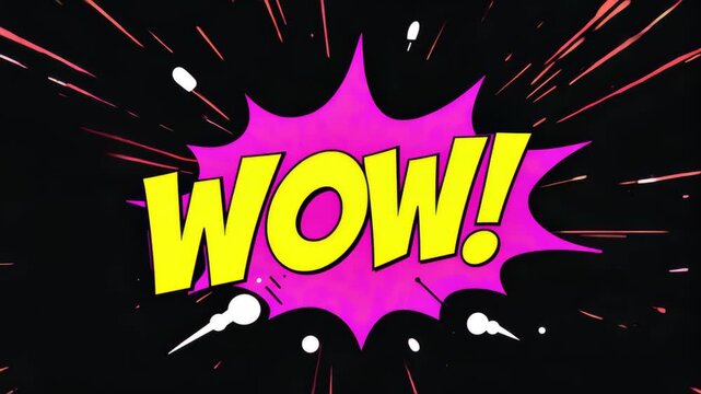 Retro animation of retro text WOW! in speech bubble with speed lines effect on black background. Vintage comic book letters. Pop art style. Video for promotion or presentation