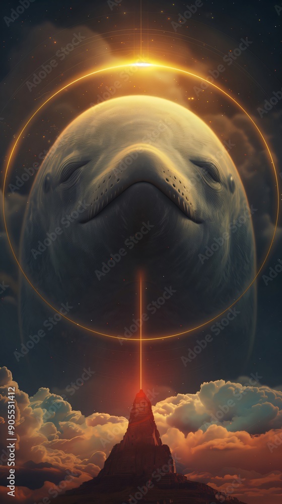 Wall mural giant dolphin is floating in space with a beam of light shooting out from its head and connecting wi