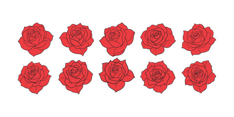 Flowers red rose icon set. Rose logo. Floral emblem. Botanical boutique symbol. Vector illustration.