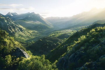 Obraz premium Breathtaking mountain landscape bathed in morning light with lush greenery.