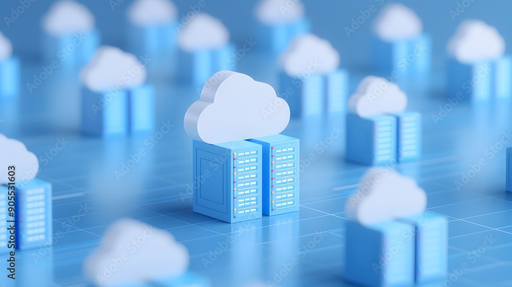 Poster 3d cloud computing concept with servers and data centers interconnected, representing modern digital