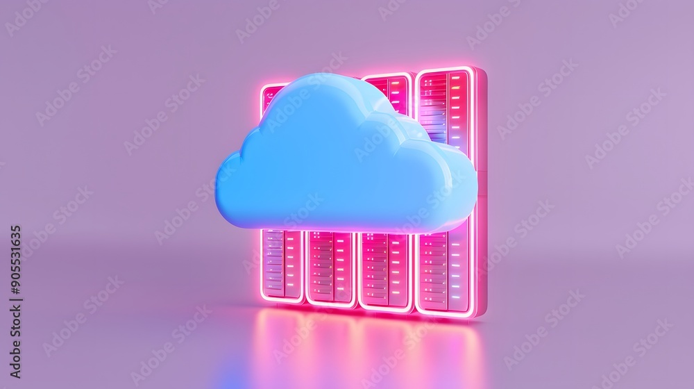 Poster 3d cloud computing icon with neon server background. futuristic concept of cloud technology and data