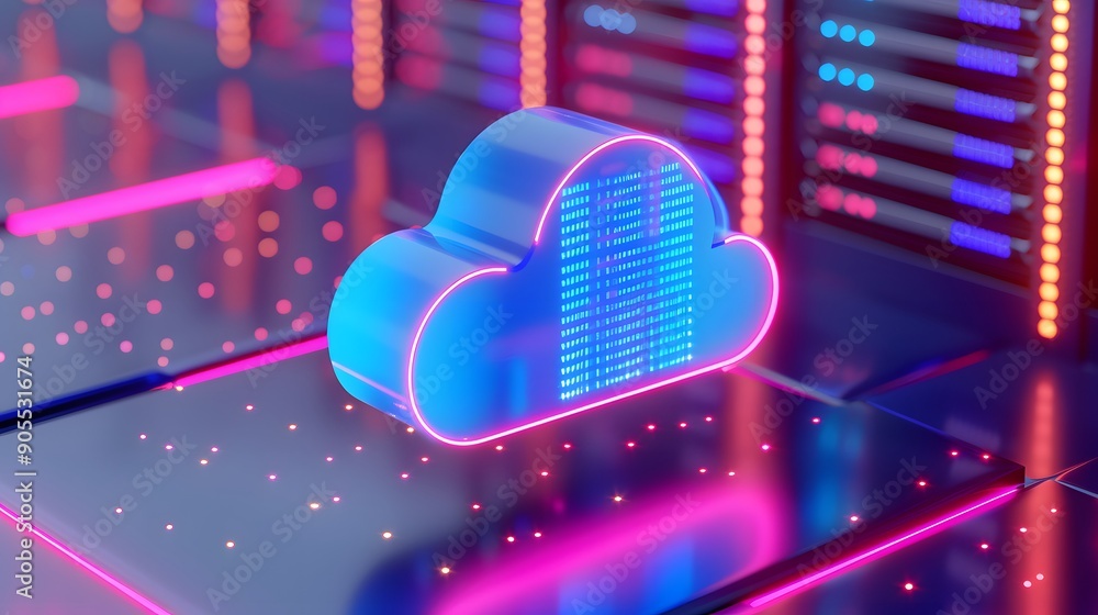 Poster 3d cloud computing symbol with neon lights representing modern data storage and digital technology.