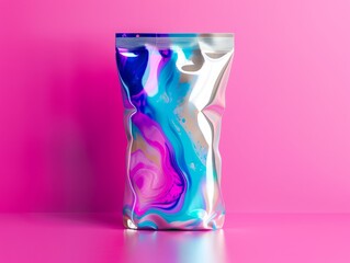 A silver foil pouch with a blue, pink, and white marbled design stands out against a vibrant pink background.