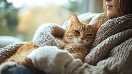 A cozy living room setting with a cat lounging comfortably on a soft couch next to its owner The owner, dressed in casual home attire, gently pets the cat Both appear relaxed and content The scene is