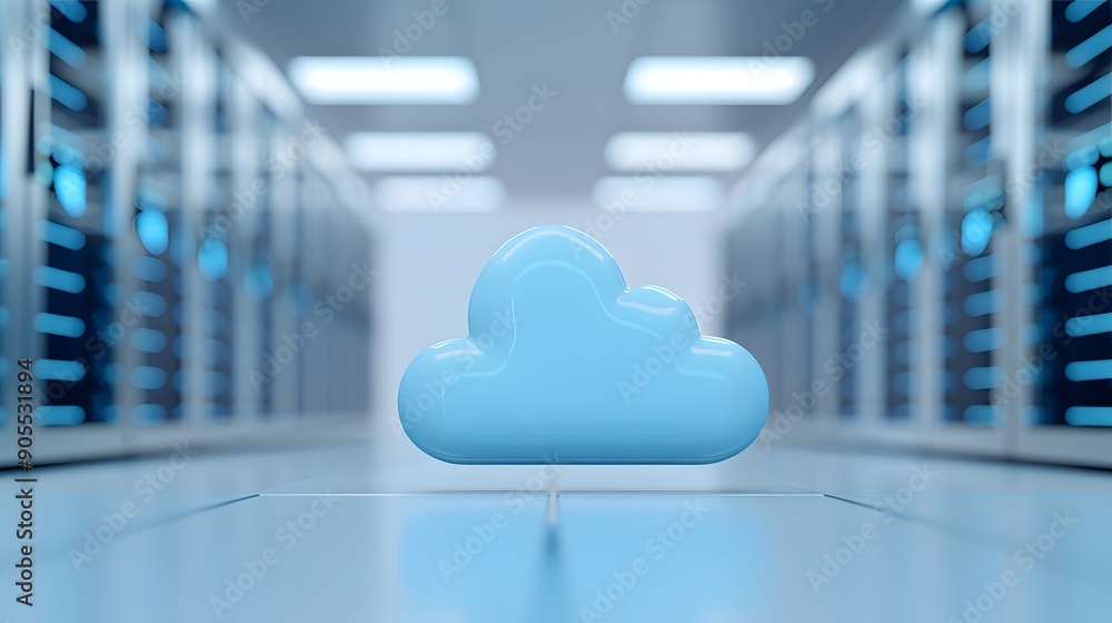 Poster 3d cloud icon in futuristic server room, representing cloud computing and data storage technology.