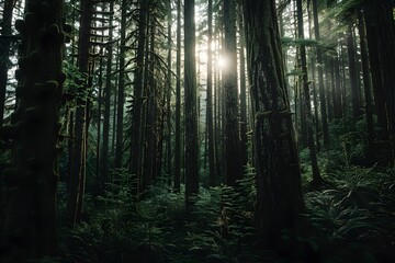Obraz premium Lush forest with sun rays illuminating dense greenery.