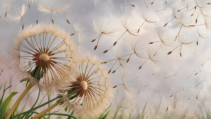 AI Image. Dandelion seed heads and seeds floating in air with copy space