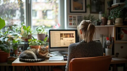 A woman works from home at her desk with her cat curled up on a nearby chair The home office is neat and well-organized with a calm and productive atmosphere The cat's presence adds a touch of