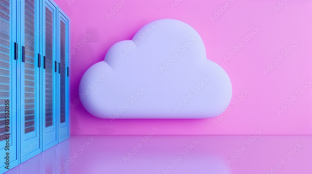 Poster 3d cloud with servers against a pink background. concept of cloud computing, data storage, and techn