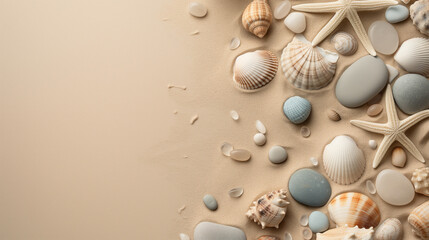 Beach sand with shells and stones on a beige background. Coastal elements arrangement for summer vacation themes.