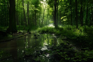 Obraz premium Tranquil forest scene with sunlight filtering through lush green trees.