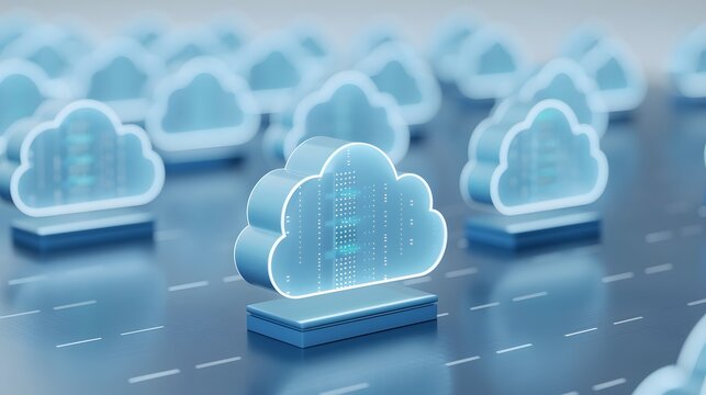 3D digital illustration of cloud computing technology with servers, illustrating concept of data storage, transfer, and cloud infrastructure.