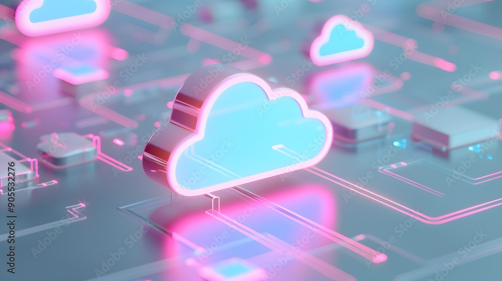 Poster 3d futuristic cloud computing concept with neon lights, representing online data storage and technol