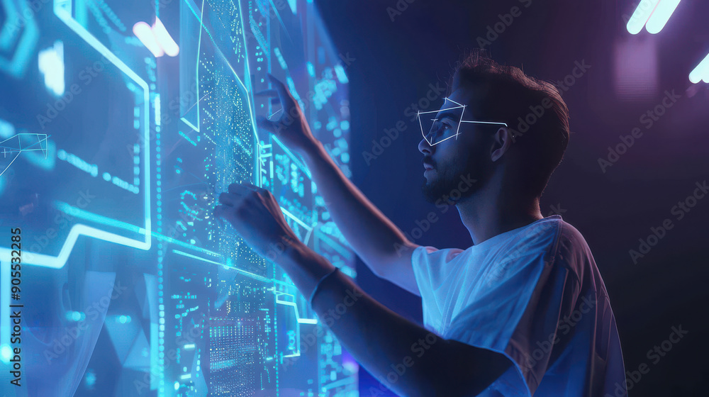 Aufkleber chat with ai: man interacting with a futuristic ai assistant on a virtual screen, chatbot, chatgpt t