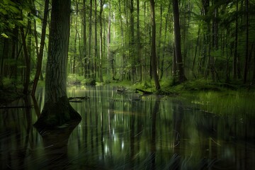 Obraz premium Serene forest scene with lush greenery reflecting in calm waters.