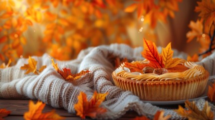 Fototapeta premium Autumn pumpkin pie with knitted blanket backdrop