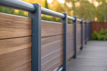 Modern Fence Details: A close-up shot of the details of a modern fence, such as the intersection of metal or wooden panels.